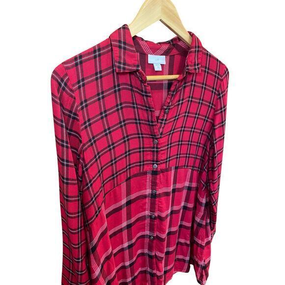 J.Jill Red & Black Tartan Plaid A-Line Tunic Long Button Down Collared Shirt XS - Picture 5 of 17
